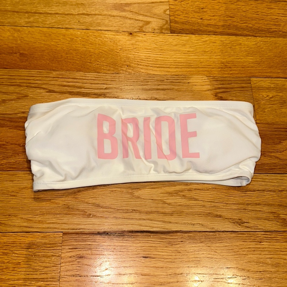 David's Bridal White Bandeau with Pink 'BRIDE'